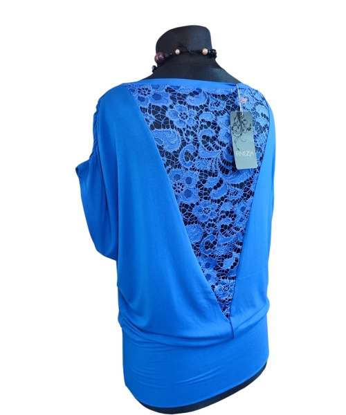 Bluzka z krótkim rękawkiem kimono z koronką na plecach - chabrowa